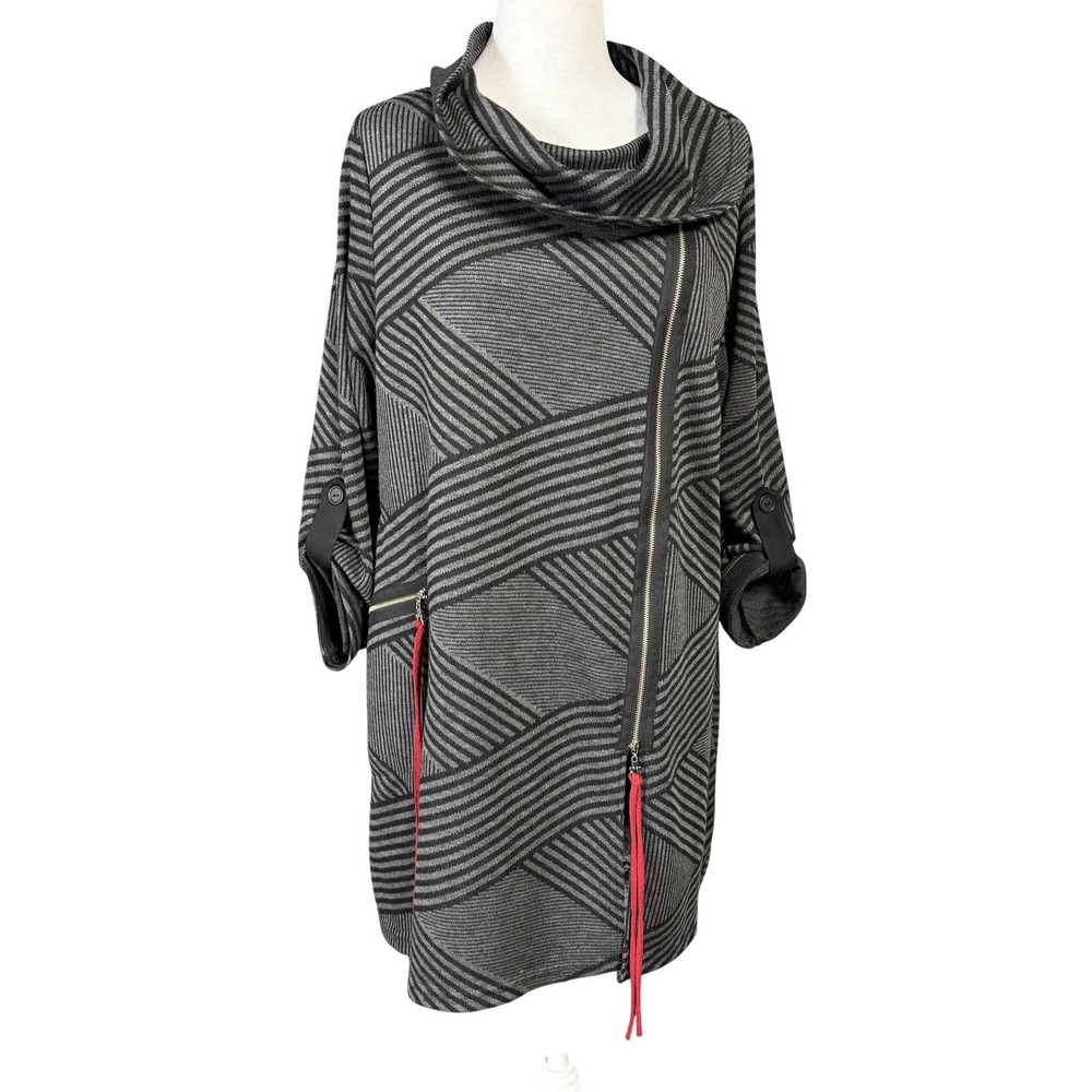 Moonlight Sweater Tunic Womens Small Gray Geometric Cowl Neck Zip Pockets Red